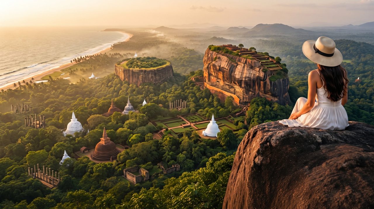 Illustration: a traveller looks out over Sigiriya, ancient stupas, jungle and the Sri Lankan coast at sunrise